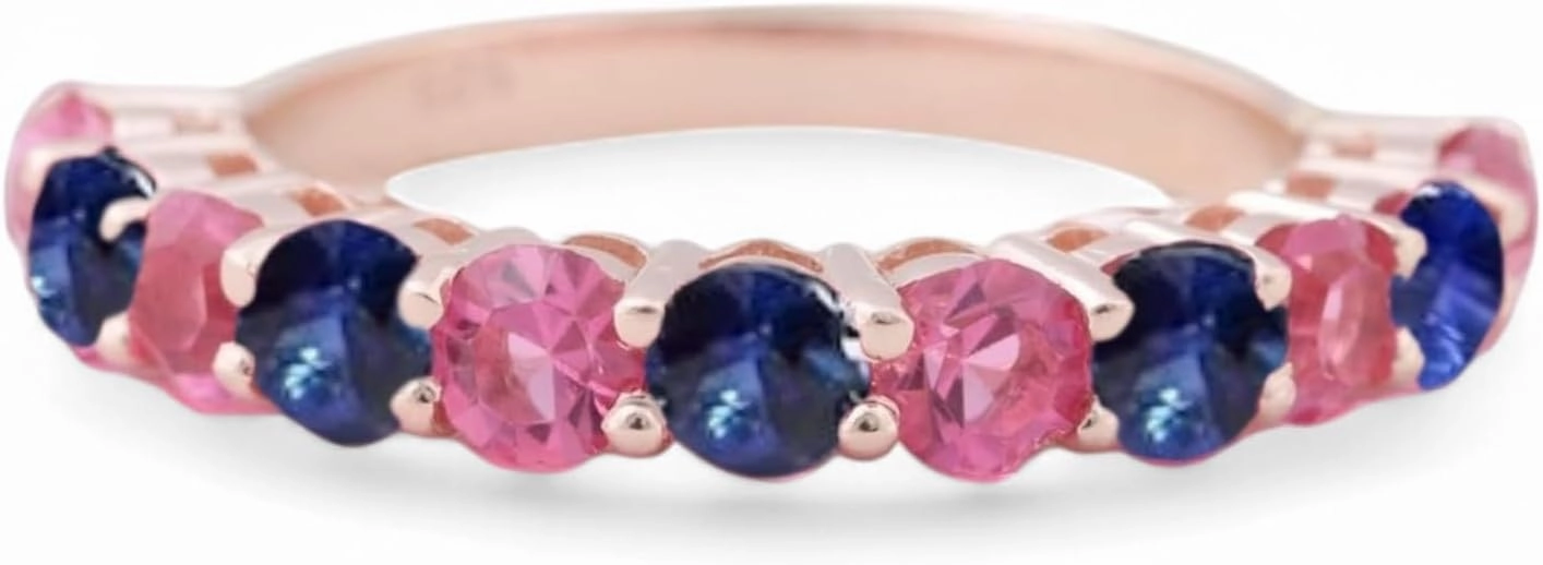Pink Sapphire Half Eternity Wedding Band Rose Gold Plated Stackable Matching Band Thin Promise Ring Women Delicate Gift Jewelry Personalized Rings