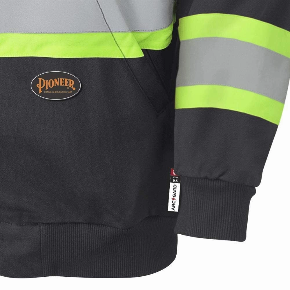 Pioneer Hi Vis Flame Resistant Safety Hoodie for Men and Women - Zip Up Black Cotton Hoodie - Pockets - Detachable Snap Hood