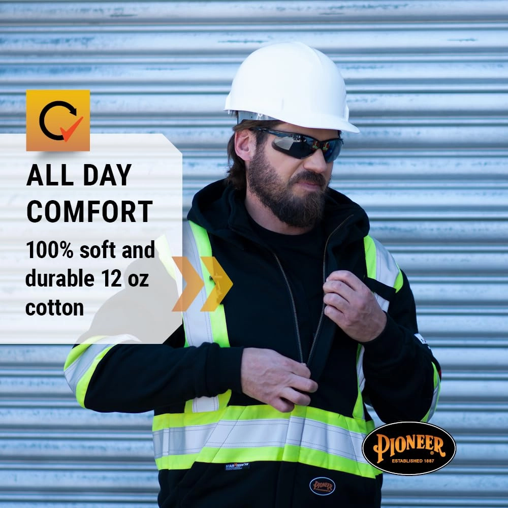 Pioneer Hi Vis Flame Resistant Safety Hoodie for Men and Women - Zip Up Black Cotton Hoodie - Pockets - Detachable Snap Hood
