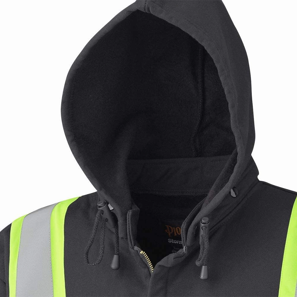 Pioneer Hi Vis Flame Resistant Safety Hoodie for Men and Women - Zip Up Black Cotton Hoodie - Pockets - Detachable Snap Hood
