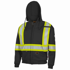 Pioneer Hi Vis Flame Resistant Safety Hoodie for Men and Women - Zip Up Black Cotton Hoodie - Pockets - Detachable Snap Hood