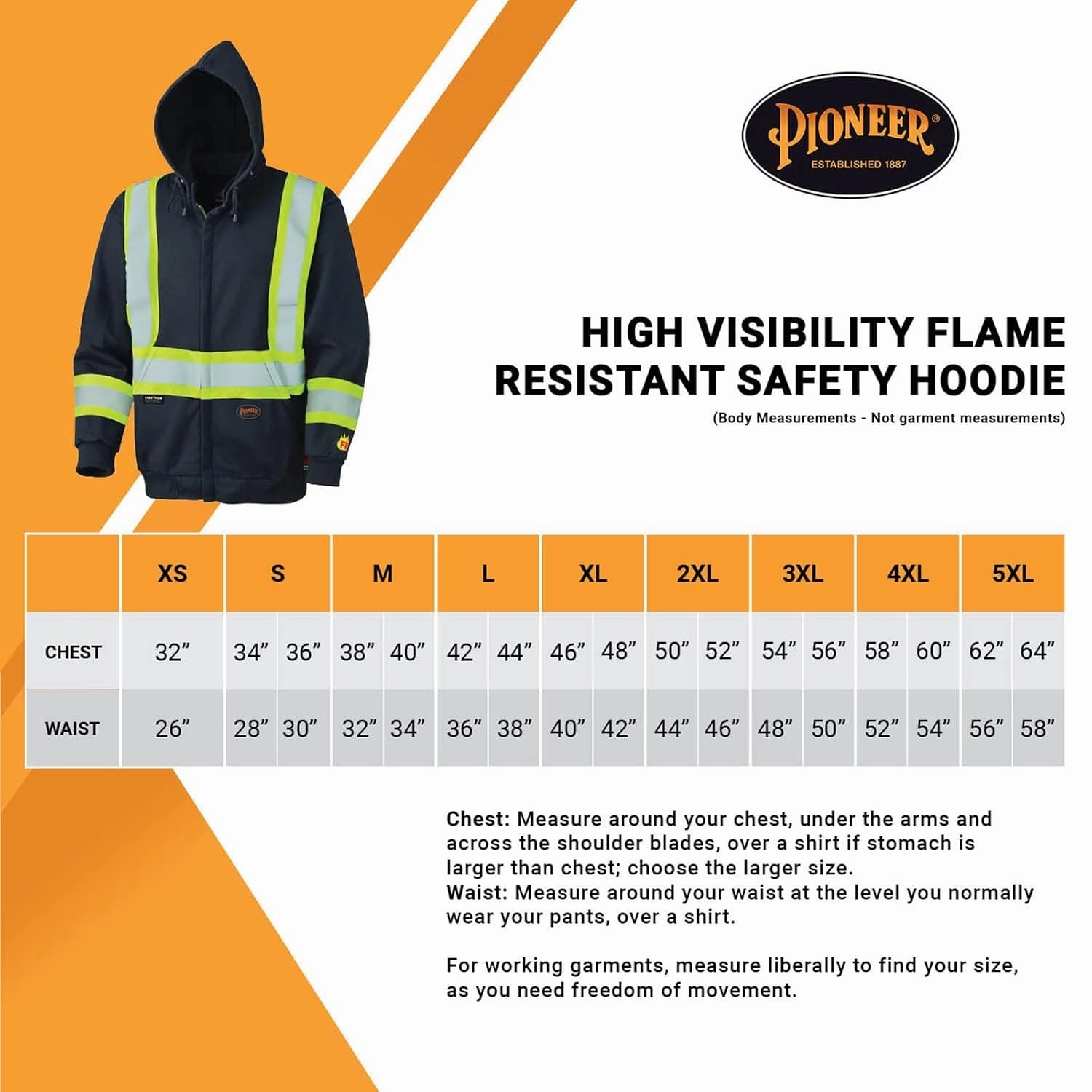 Pioneer Hi Vis Flame Resistant Safety Hoodie for Men and Women - Zip Up Black Cotton Hoodie - Pockets - Detachable Snap Hood