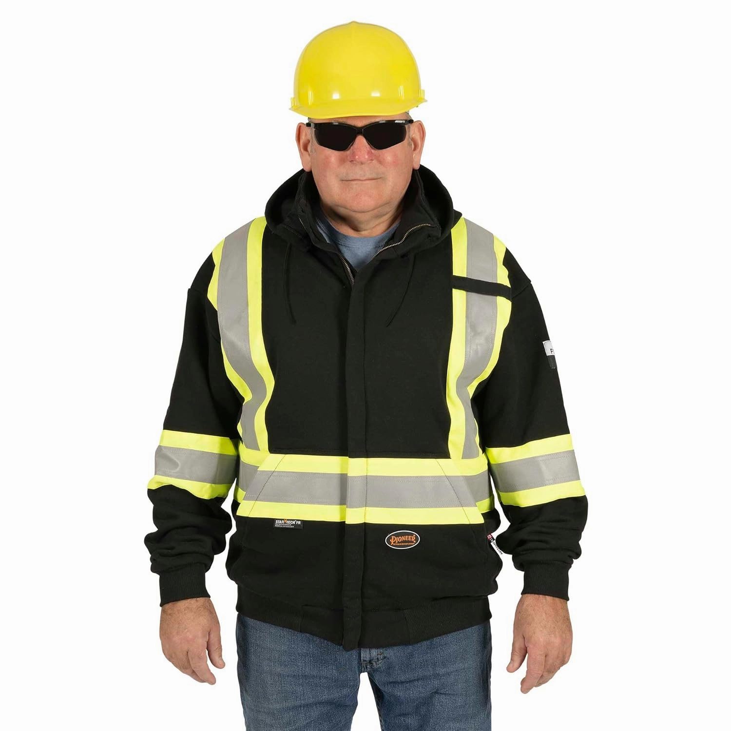 Pioneer Hi Vis Flame Resistant Safety Hoodie for Men and Women - Zip Up Black Cotton Hoodie - Pockets - Detachable Snap Hood