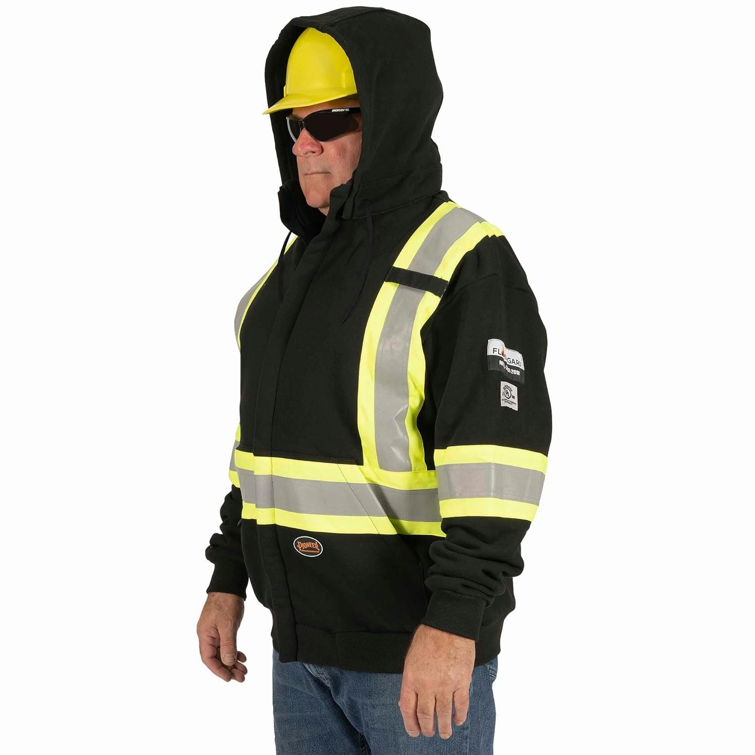 Pioneer Hi Vis Flame Resistant Safety Hoodie for Men and Women - Zip Up Black Cotton Hoodie - Pockets - Detachable Snap Hood