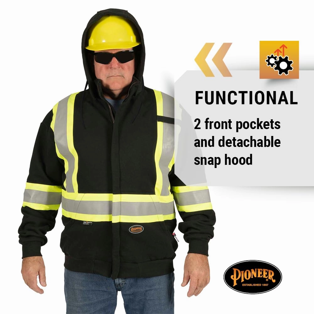 Pioneer Hi Vis Flame Resistant Safety Hoodie for Men and Women - Zip Up Black Cotton Hoodie - Pockets - Detachable Snap Hood