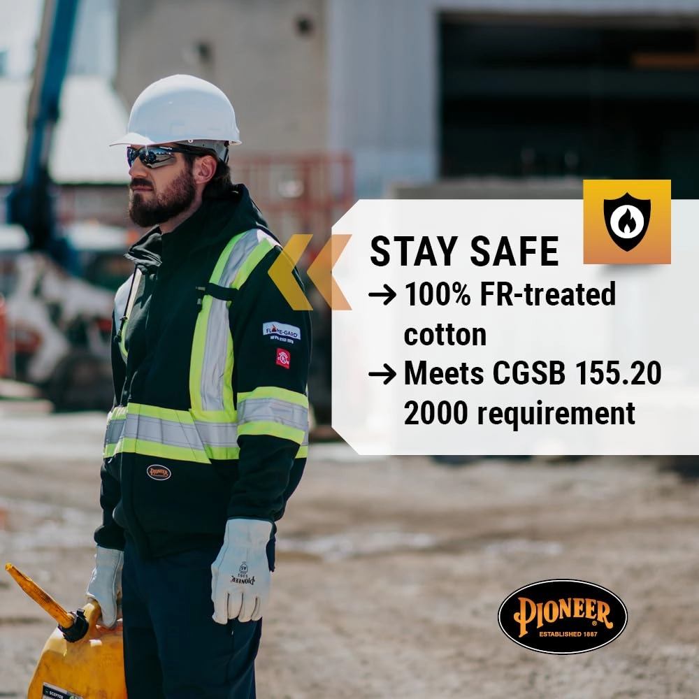 Pioneer Hi Vis Flame Resistant Safety Hoodie for Men and Women - Zip Up Black Cotton Hoodie - Pockets - Detachable Snap Hood
