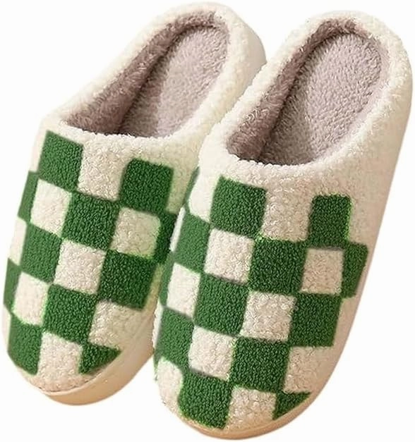 Plaid Slippers, Home Slippers for Women and Men, Fluffy Memory Foam, Indoor/Outdoor, Warm Velvet (green, Adult, Women, 6, Numeric, US Footwear Size System, Medium)