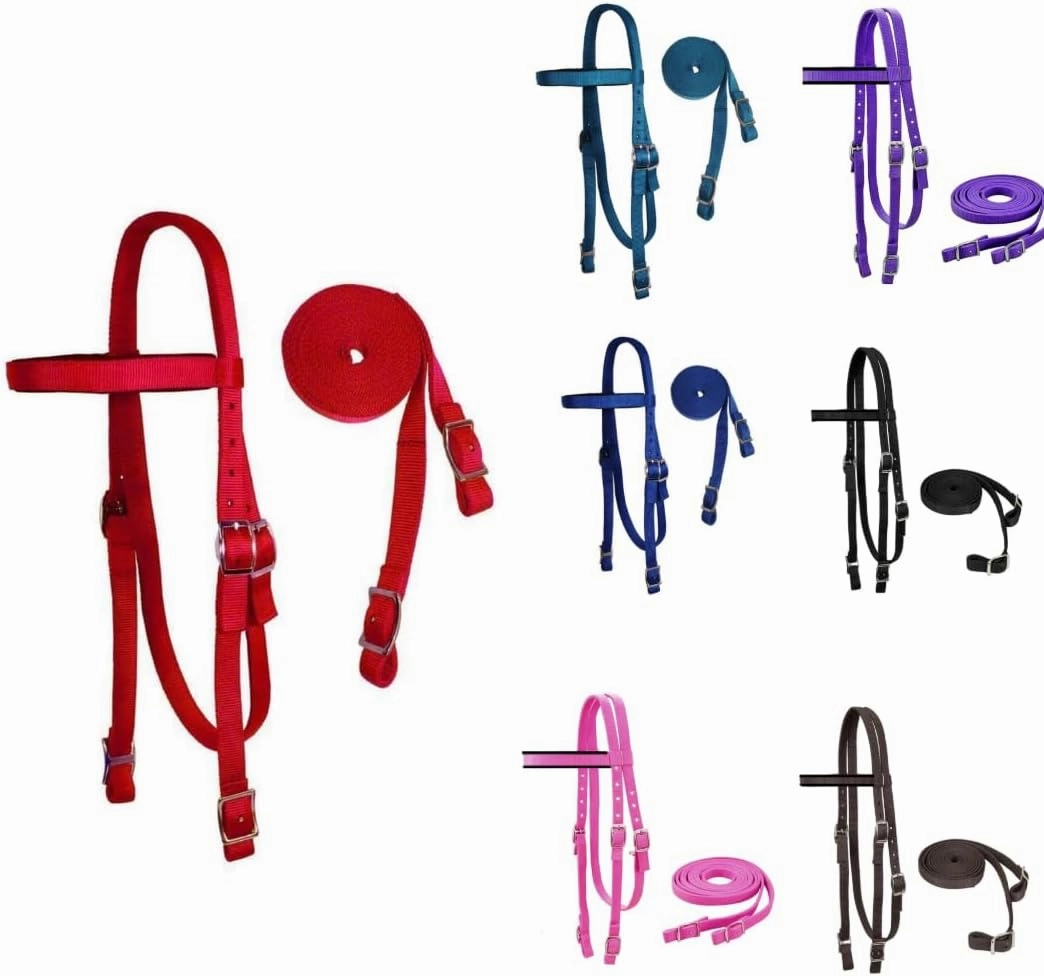Plain Double Layer Nylon Padded Western Horse Headstall with Reins (Red, Draft)