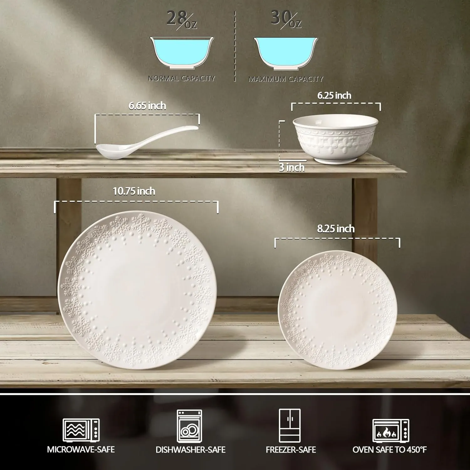 Plates and Bowls Sets - 16 Pieces Ceramic Dinnerware Sets for 4, Embossed White Dish Set Porcelain Kitchen Dishware Sets Dishwasher & Microwave Safe (Snowflake)