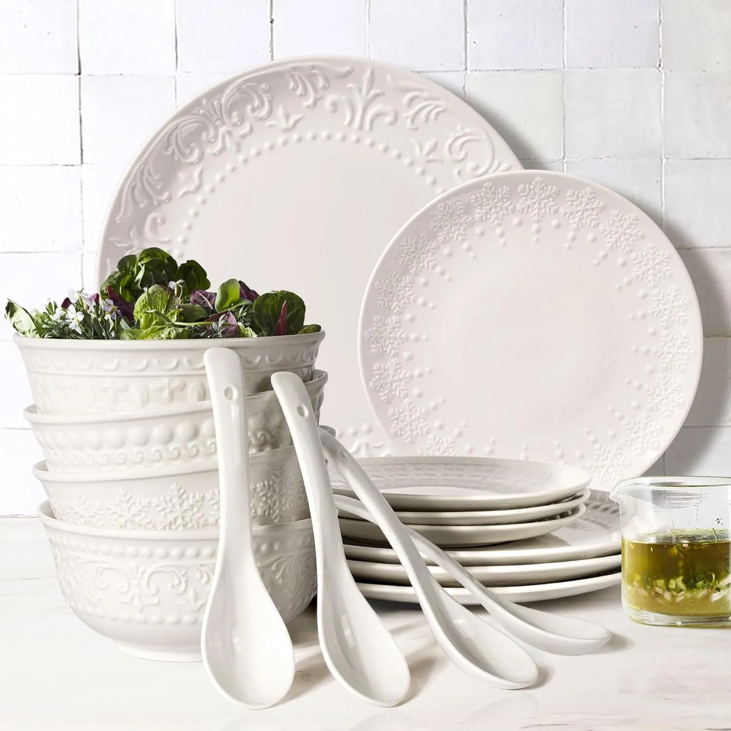 Plates and Bowls Sets - 16 Pieces Ceramic Dinnerware Sets for 4, Embossed White Dish Set Porcelain Kitchen Dishware Sets Dishwasher & Microwave Safe (Snowflake)