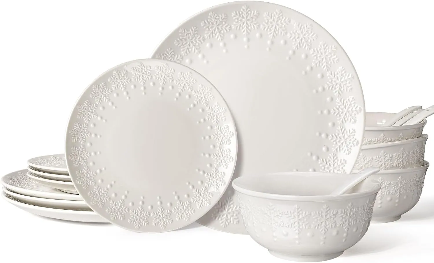 Plates and Bowls Sets - 16 Pieces Ceramic Dinnerware Sets for 4, Embossed White Dish Set Porcelain Kitchen Dishware Sets Dishwasher & Microwave Safe (Snowflake)