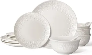 Plates and Bowls Sets - 16 Pieces Ceramic Dinnerware Sets for 4, Embossed White Dish Set Porcelain Kitchen Dishware Sets Dishwasher & Microwave Safe (Snowflake)