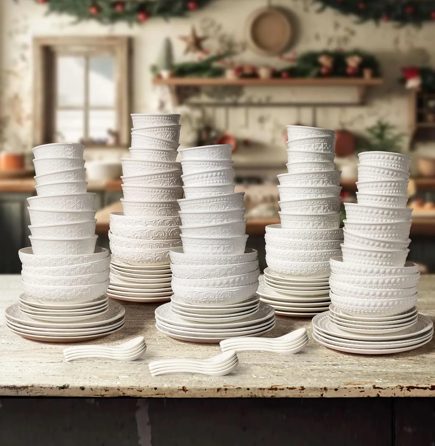Plates and Bowls Sets - 16 Pieces Ceramic Dinnerware Sets for 4, Embossed White Dish Set Porcelain Kitchen Dishware Sets Dishwasher & Microwave Safe (Snowflake)