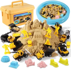 Play Construction Sand Kit,2.2lbs Magic Sand,8 Alloy Construction Vehicles,1 Inflatable Sandbox,8 Worker Figures and Road Signs,6 Castle Molds,1 Storage Box, Sensory Toys for Kids Ages 3 