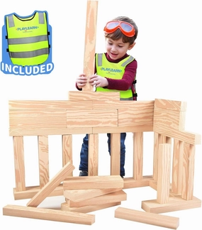 Playlearn 48pc Foam Wooden Beams for Kids- Children’s Reflective Vest and Storage Bag Included - Actual Beam Size Lightweight, Soft Building Blocks - Fake Wooden Beams