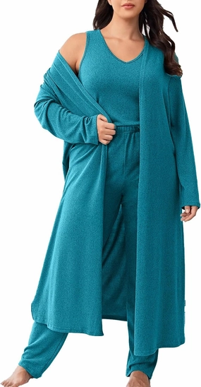 plus size 3 Piece Casual Cardigan Vest Pants Set, Women's Pajama Loungewear Set Casual Homewear Set for Fall Winter