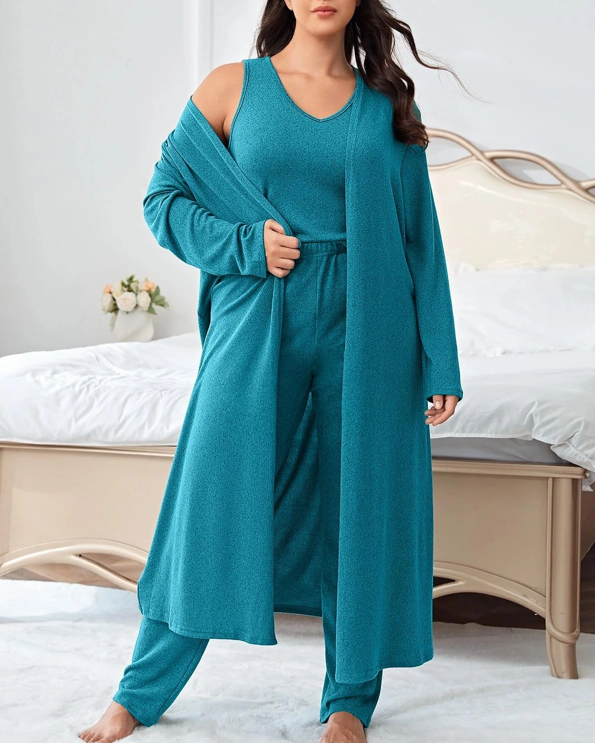 plus size 3 Piece Casual Cardigan Vest Pants Set, Women's Pajama Loungewear Set Casual Homewear Set for Fall Winter