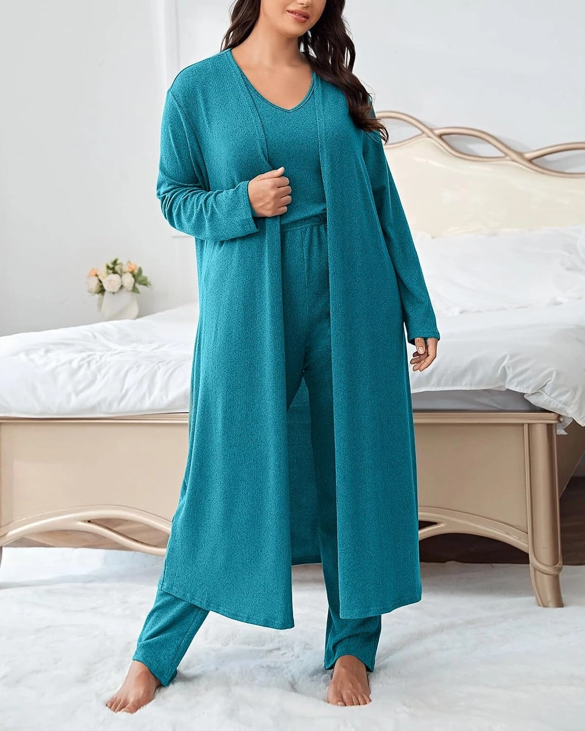 plus size 3 Piece Casual Cardigan Vest Pants Set, Women's Pajama Loungewear Set Casual Homewear Set for Fall Winter