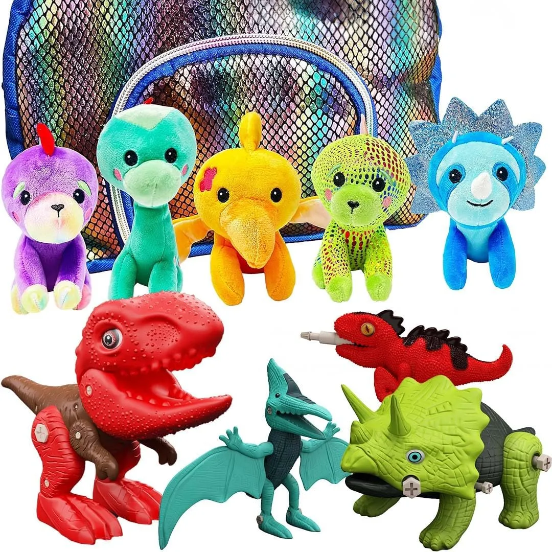 Plush Dinosaur & DIY Building Kit Bundle for Kids Ages 3-8 - Soft Dinosaur Stuffed Animals with Carrying Case & Take Apart Dinosaur Toys for Creative & Educational Play
