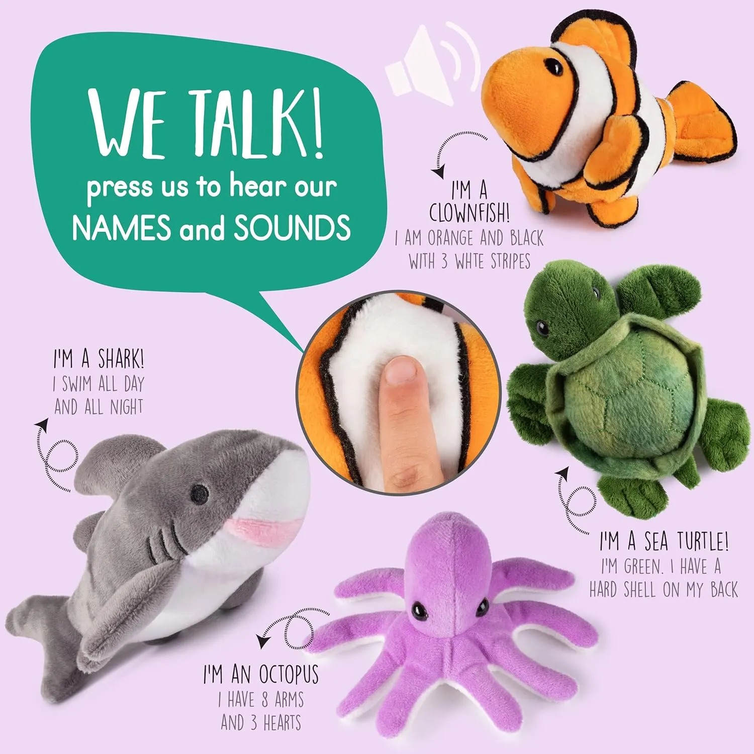 Plush Stuffed Ocean Animals Set | Sea Creatures Set of 4 | Octopus, Sea Turtle, Shark, & Clownfish | Baby Stuffed Animals