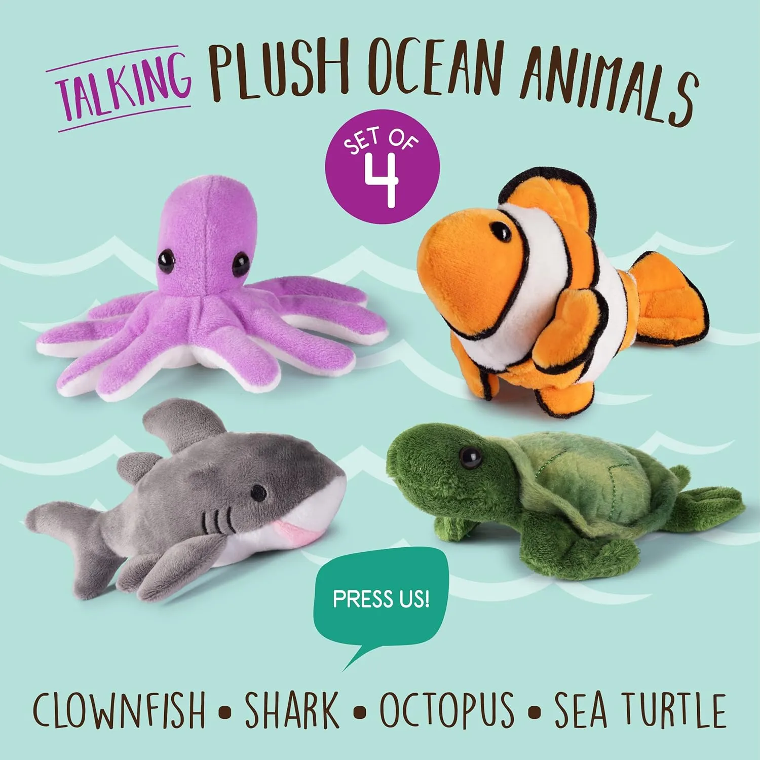 Plush Stuffed Ocean Animals Set | Sea Creatures Set of 4 | Octopus, Sea Turtle, Shark, & Clownfish | Baby Stuffed Animals