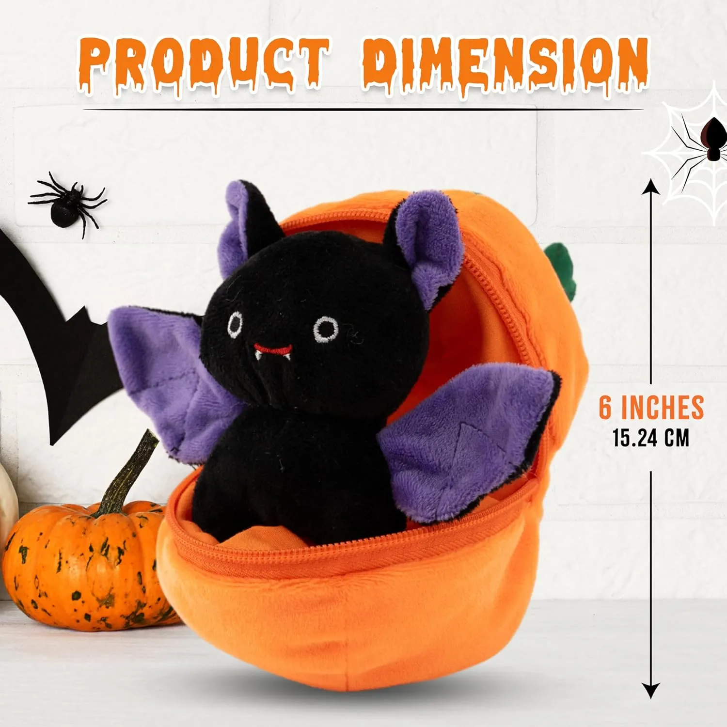 Plushland Halloween Zip-Up Pumpkin Stuffed Animal Plush Toys,Hideaway Spooky Black Cat Bat Ghost Plush Halloween Toy for Festive Decorations & Fun Surprises 6 Inches (Bat)