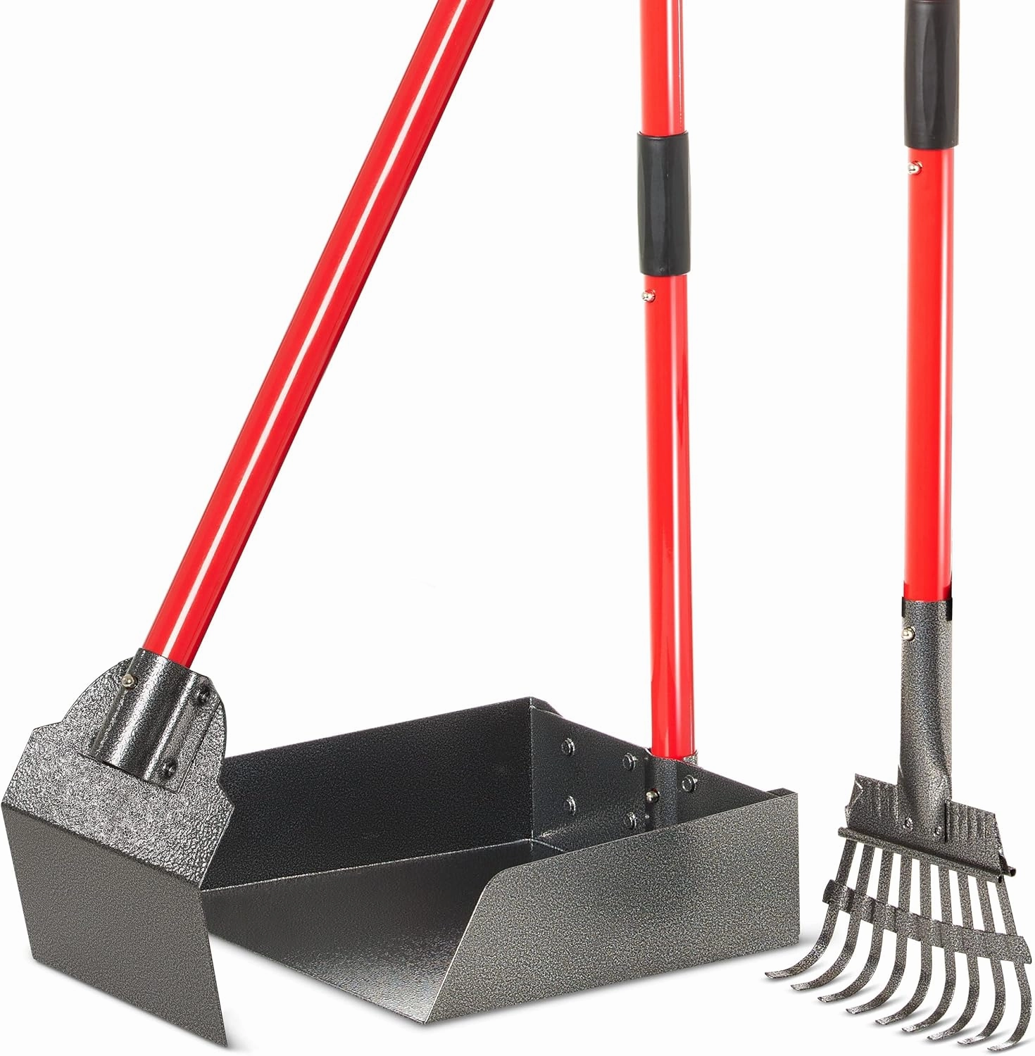 Pooper Scooper for Large Dogs, Small Dogs and Horses, Metal Poop Scooper Set with Long Handle Rake, Spade and Tray for Yard, Grass, Dirt or Gravel, Heavy Duty Aluminum Poop Picker Upper