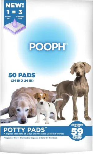 POOPH®️ Potty Pads™️ for Puppies to Senior, Sick, or Housebound Pets. Absorbs up to 59 oz Eliminates Organic Odor On-Contact Leak-Proof Track-Proof Quick-Dry Disposable Large 24"x24" Pads - 50ct