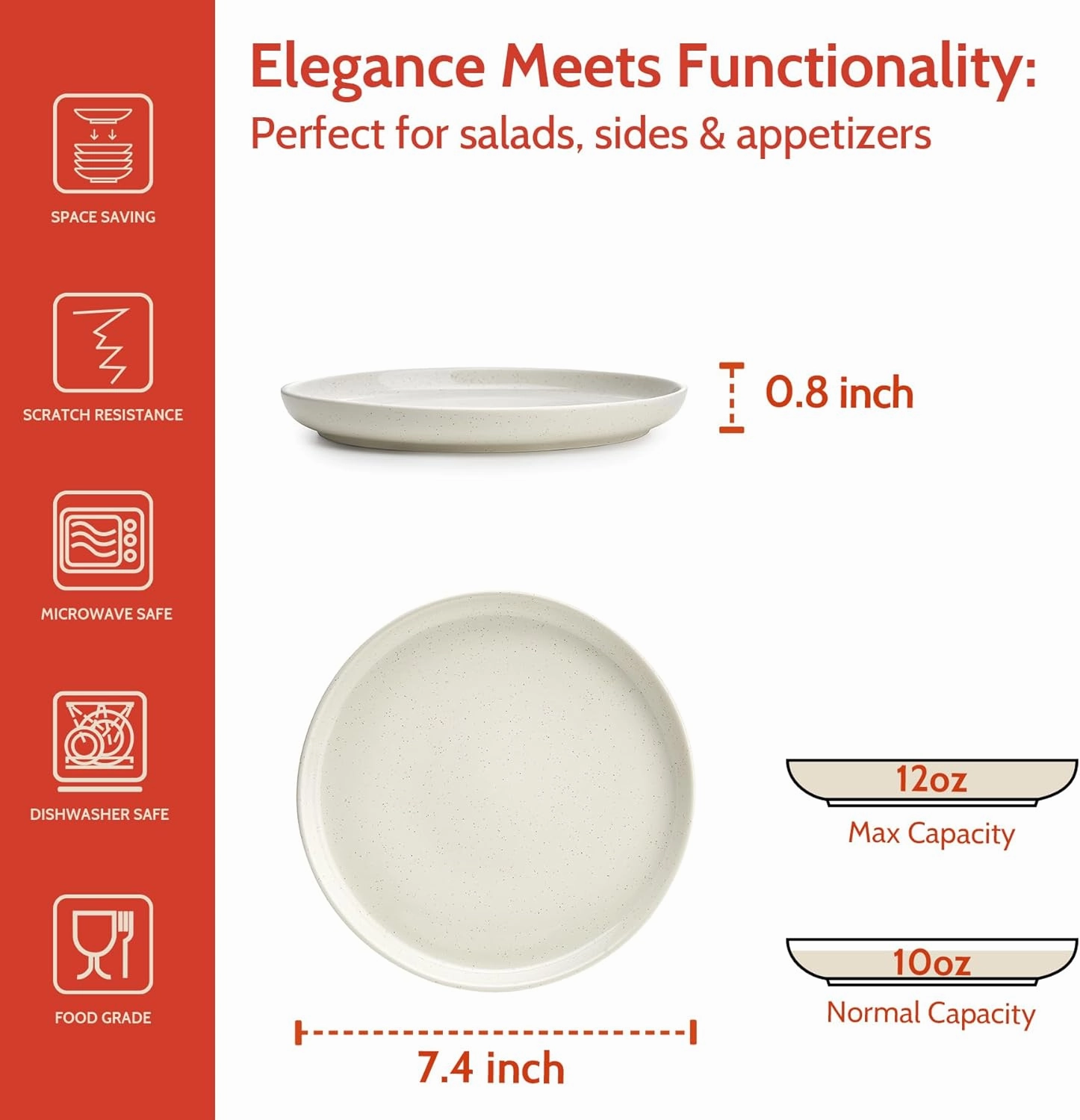 Porcelain 7.4 Inch Dessert Plates Set of 6 - Salad Modern Appetizer Plates - Dishwasher, Microwave, Oven Safe, Smooth Glaze, Scratch Resistant, Dove Gray