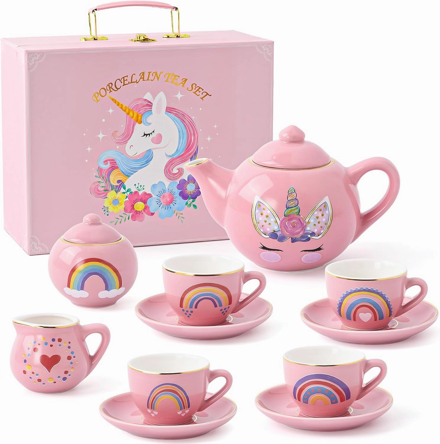 Porcelain Unicorn Tea Party Set for Little Girls Kids Toddlers, 13Pcs Ceramic Tea Set - Tea Pot Cups & Saucers & Carrying Case, Pretend Play Toys - Christmas Birthday Gift for Girls (Pink)