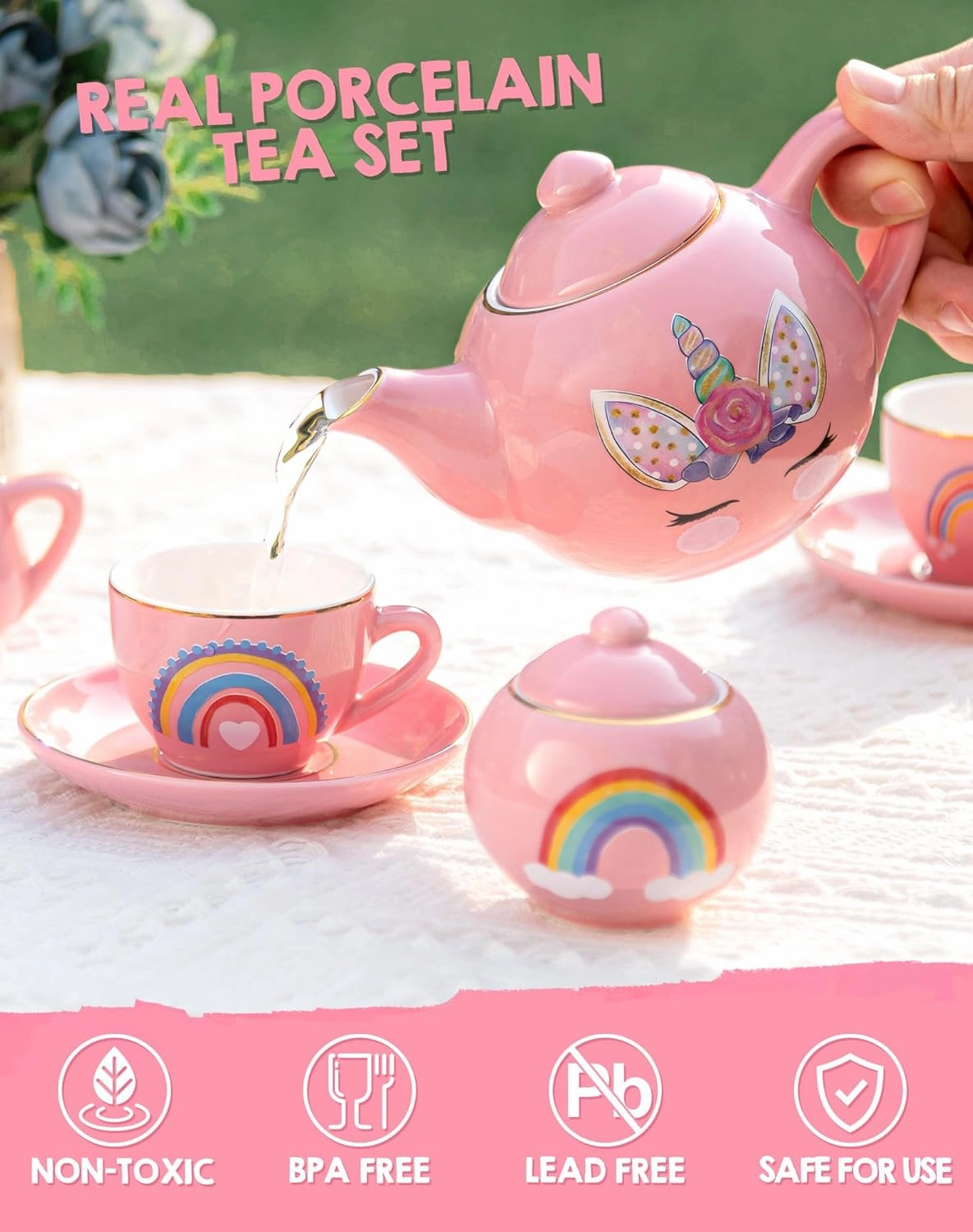 Porcelain Unicorn Tea Party Set for Little Girls Kids Toddlers, 13Pcs Ceramic Tea Set - Tea Pot Cups & Saucers & Carrying Case, Pretend Play Toys - Christmas Birthday Gift for Girls (Pink)