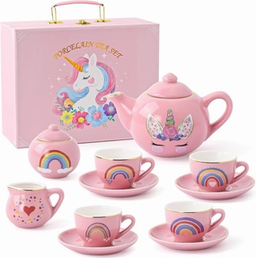 Porcelain Unicorn Tea Party Set for Little Girls Kids Toddlers, 13Pcs Ceramic Tea Set - Tea Pot Cups & Saucers & Carrying Case, Pretend Play Toys - Christmas Birthday Gift for Girls (Pink)