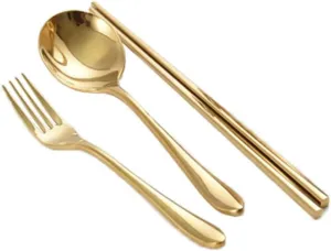 Portable Utensils, Travel Camping Tableware Set, 4 Pieces, Including Fork Spoon Chopsticks (1pair), Aluminum Flatware Set, for Camping, Hiking, Home, Parties, Picnic (Golden)
