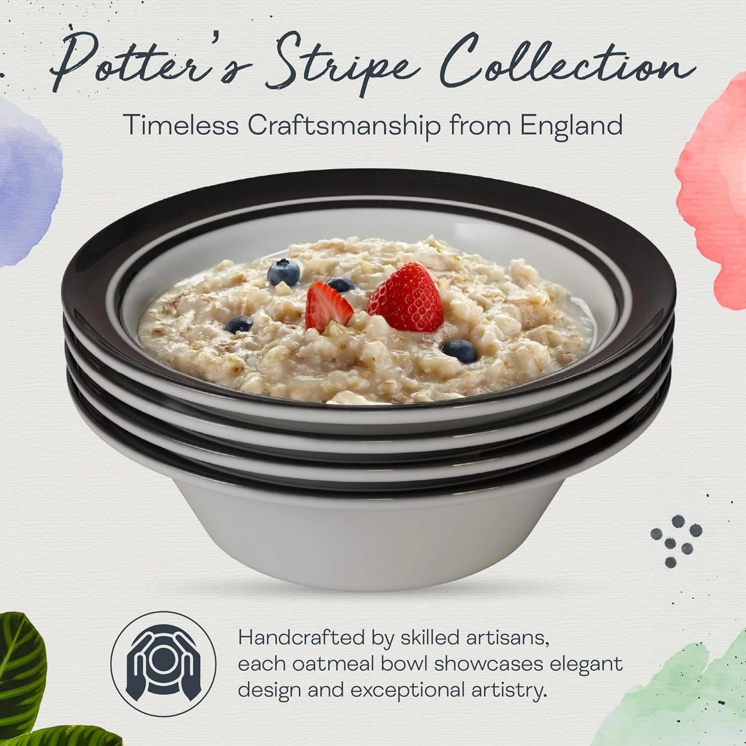 Portmeirion Potter's Stripe Oatmeal Bowls (Set of 4) - Elegant Earthenware for Breakfast, Lunch & Dessert - Microwave & Dishwasher Safe Bowls, Handcrafted Stackable Bowl Collection (Black Stripe)
