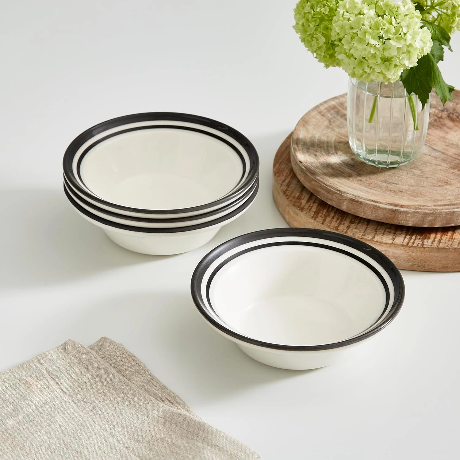 Portmeirion Potter's Stripe Oatmeal Bowls (Set of 4) - Elegant Earthenware for Breakfast, Lunch & Dessert - Microwave & Dishwasher Safe Bowls, Handcrafted Stackable Bowl Collection (Black Stripe)