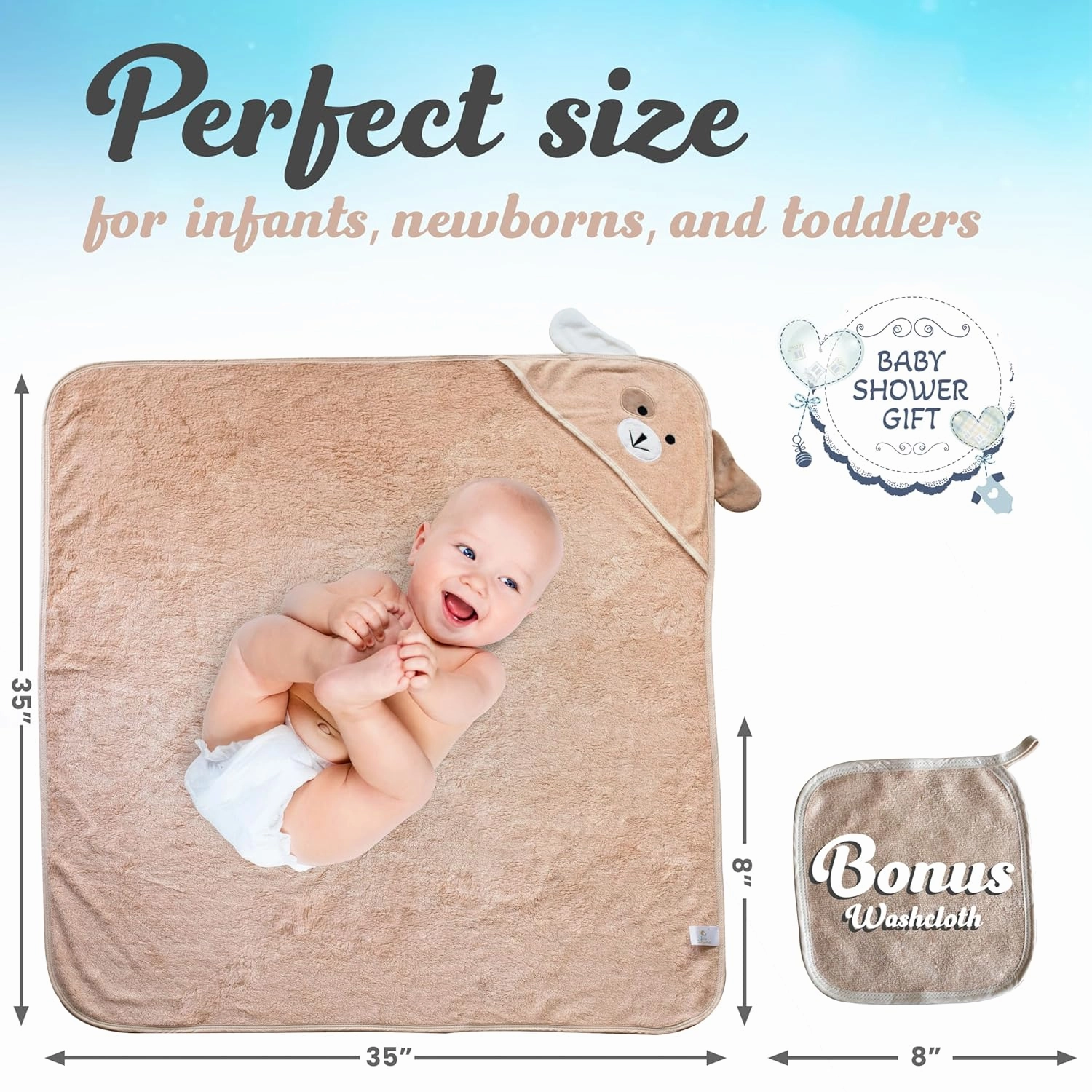 Premium Baby Towels with Hood - Ultra Soft, Absorbent Viscose Made of Bamboo, Extra Large 35 x 35 Inches, for Boys and Girls, Newborn Shower Gift, Brown