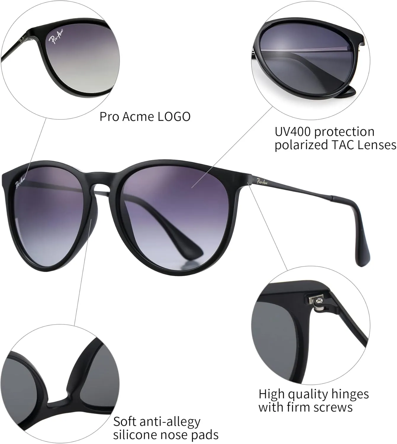 Pro Acme Polarized Sunglasses for Women Men Classic Round 100% UV Protection Lightweight TR90 Unbreakable Frame Sunglasses