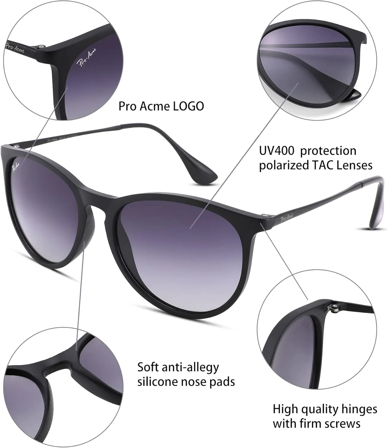 Pro Acme Polarized Sunglasses for Women Men Classic Round 100% UV Protection Lightweight TR90 Unbreakable Frame Sunglasses