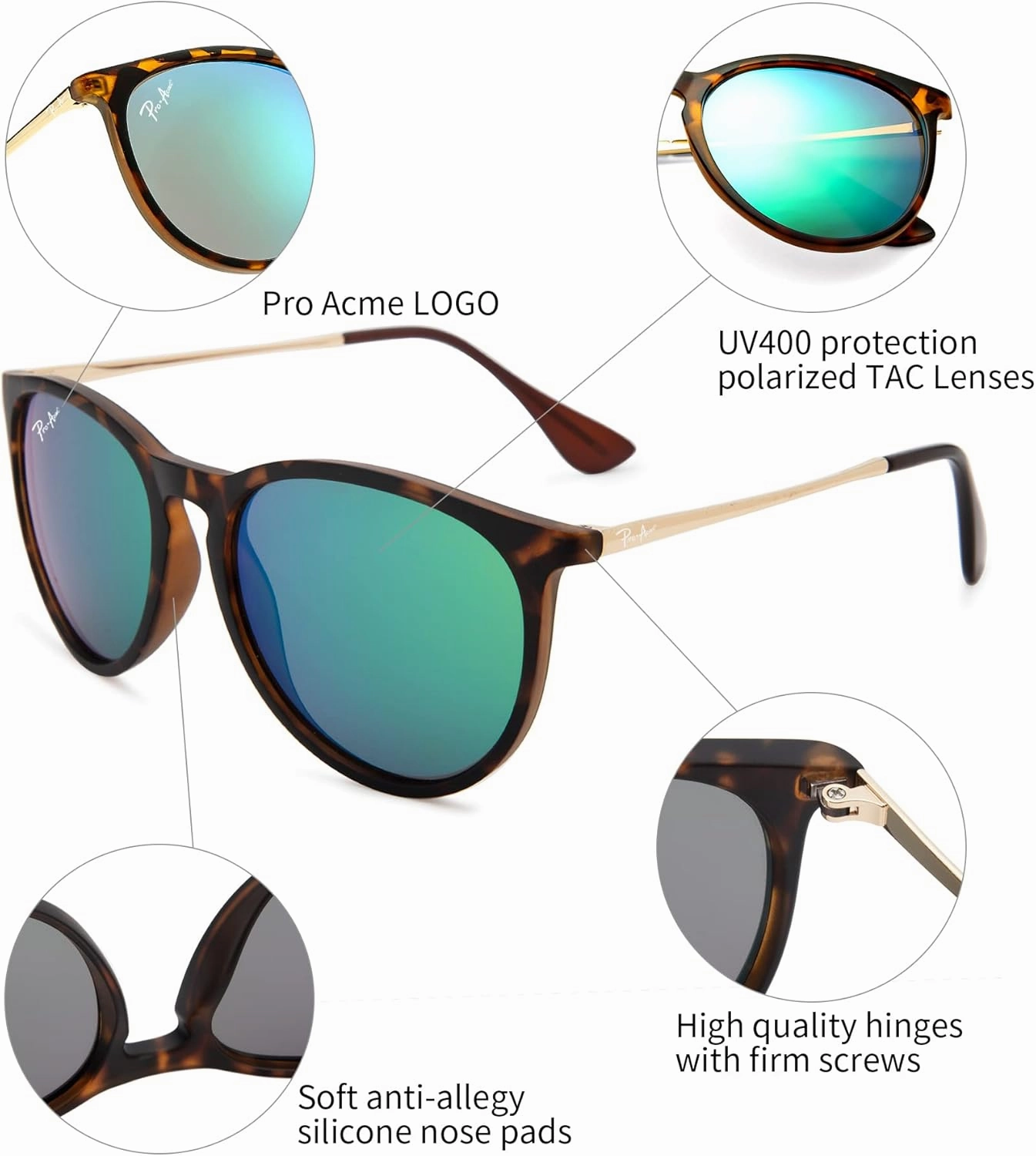 Pro Acme Polarized Sunglasses for Women Men Classic Round 100% UV Protection Lightweight TR90 Unbreakable Frame Sunglasses