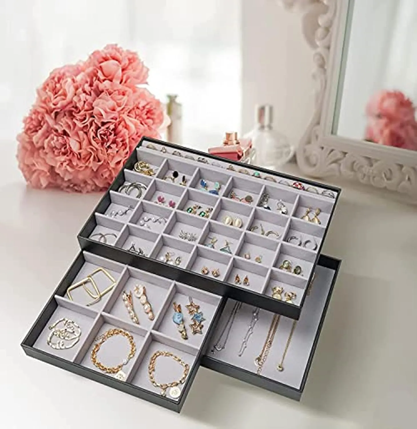 ProCase Stackable Large Jewelry Drawer Organizer, 3 Pack Velvet Jewelry Organizer Tray with Removable Dividers for Earring Necklace Bracelet -Black