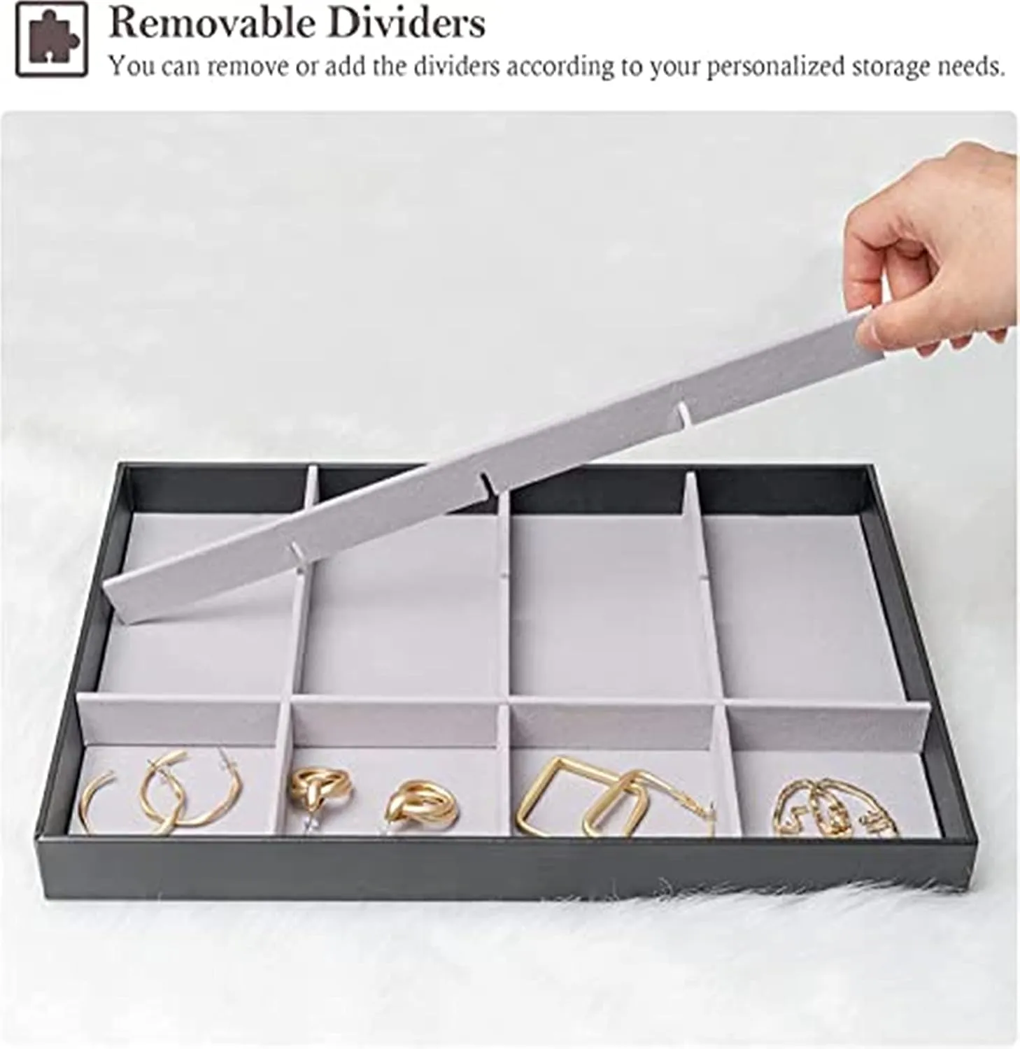 ProCase Stackable Large Jewelry Drawer Organizer, 3 Pack Velvet Jewelry Organizer Tray with Removable Dividers for Earring Necklace Bracelet -Black