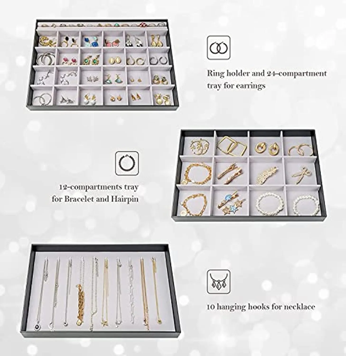 ProCase Stackable Large Jewelry Drawer Organizer, 3 Pack Velvet Jewelry Organizer Tray with Removable Dividers for Earring Necklace Bracelet -Black