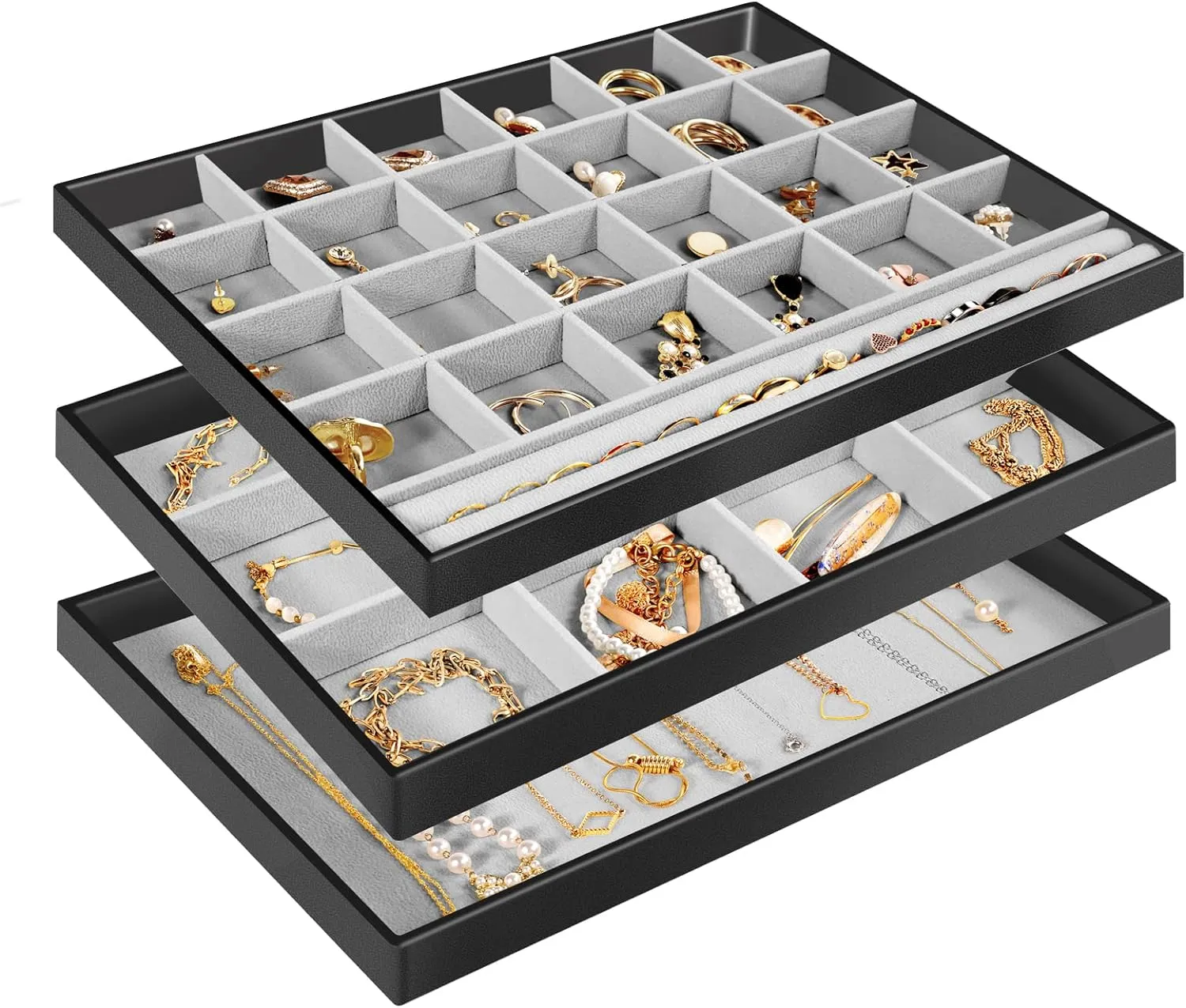ProCase Stackable Large Jewelry Drawer Organizer, 3 Pack Velvet Jewelry Organizer Tray with Removable Dividers for Earring Necklace Bracelet -Black
