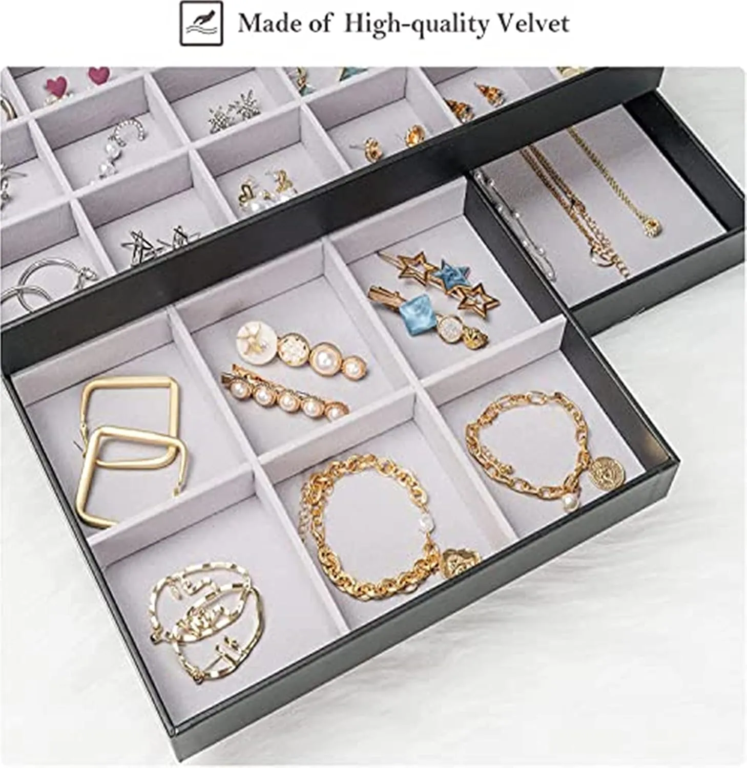 ProCase Stackable Large Jewelry Drawer Organizer, 3 Pack Velvet Jewelry Organizer Tray with Removable Dividers for Earring Necklace Bracelet -Black