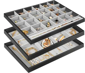 ProCase Stackable Large Jewelry Drawer Organizer, 3 Pack Velvet Jewelry Organizer Tray with Removable Dividers for Earring Necklace Bracelet -Black