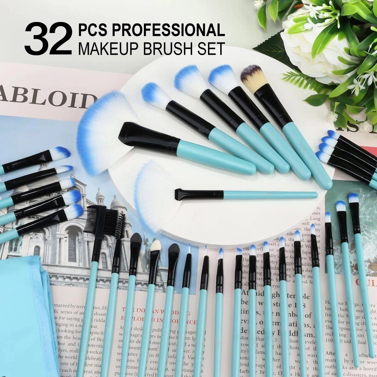 professional makeup brush set with eco-friendly wooden handles and bag purple