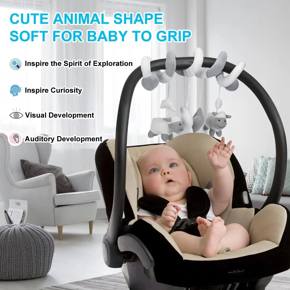 Promise Babe Hanging Car Seat Toys, Stroller Mobile Crib Bar with Bell, Baby Activity Spiral Plush Toys for Boys and Girls
