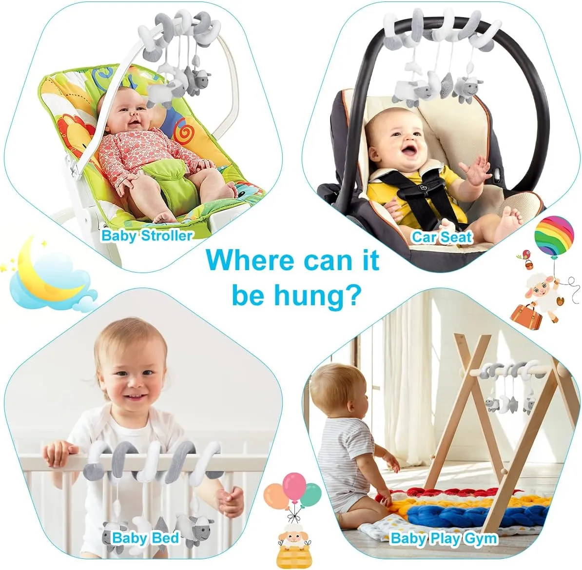 Promise Babe Hanging Car Seat Toys, Stroller Mobile Crib Bar with Bell, Baby Activity Spiral Plush Toys for Boys and Girls