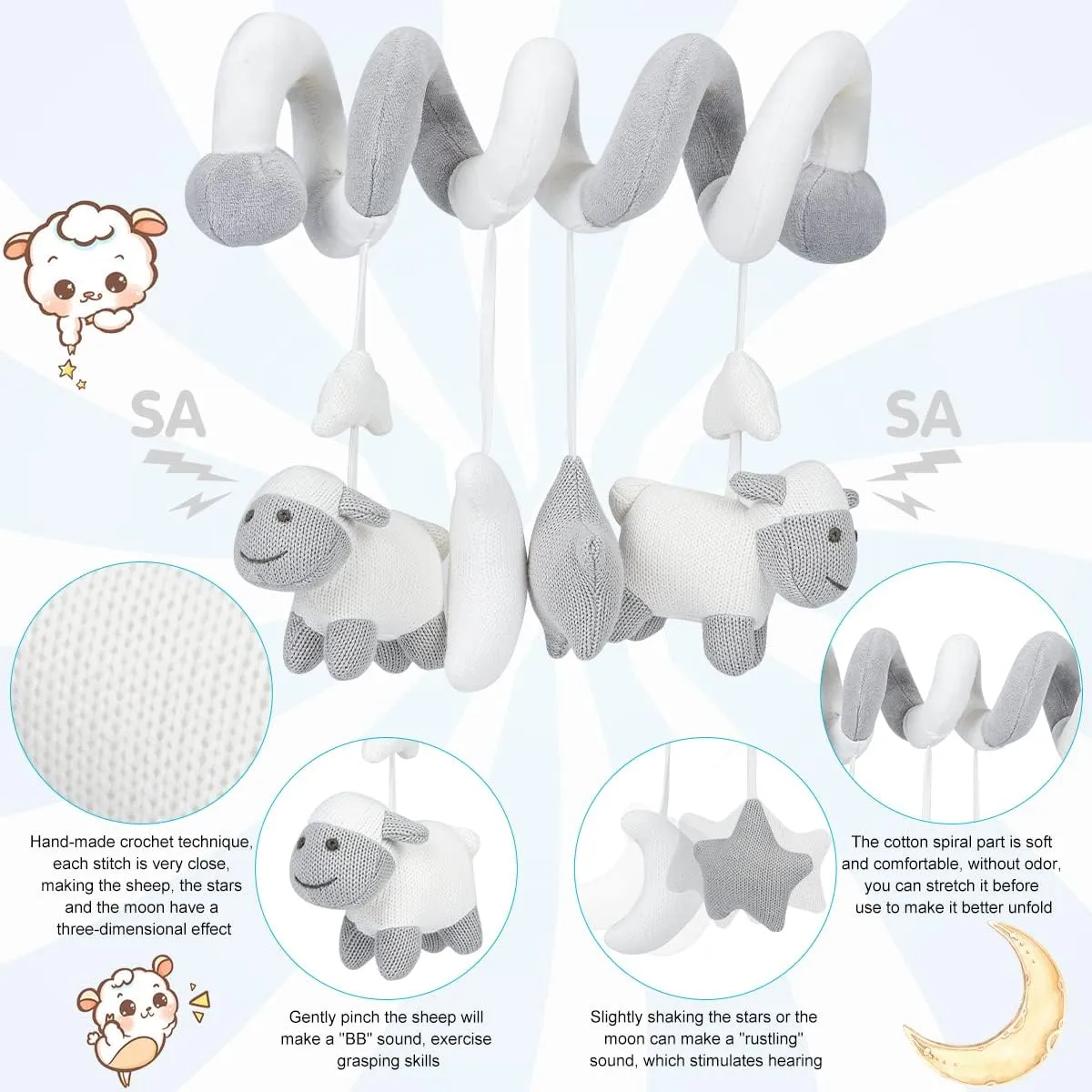 Promise Babe Hanging Car Seat Toys, Stroller Mobile Crib Bar with Bell, Baby Activity Spiral Plush Toys for Boys and Girls