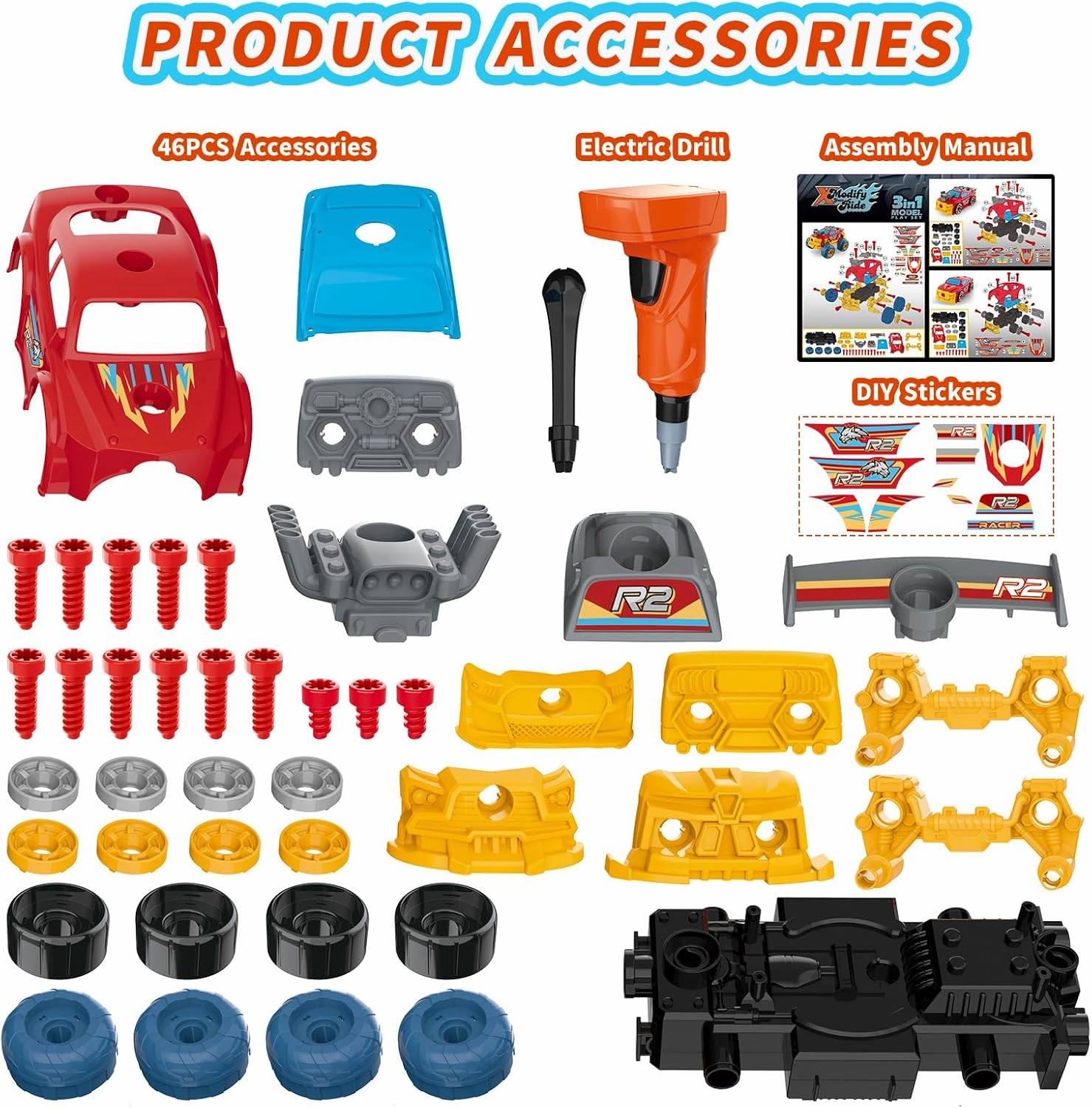 Pup Go 3-in-1 Take Apart Car for Boys with Electric Drill, 46Pcs Construction Toy Truck, Build Your Own Toy Car with Play Tools, Ideal STEM Gift for Kids Children Ages 3 4 5 6 7 8 9 Year Old Red